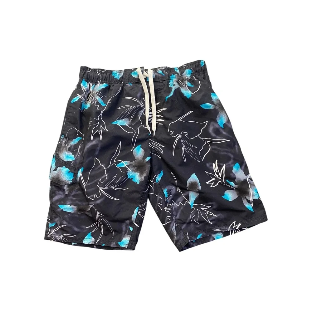 Kanu Men's Black Blue Floral Swim Trunks‎ Shorts M Cargo Pocket Drawstring Waist
